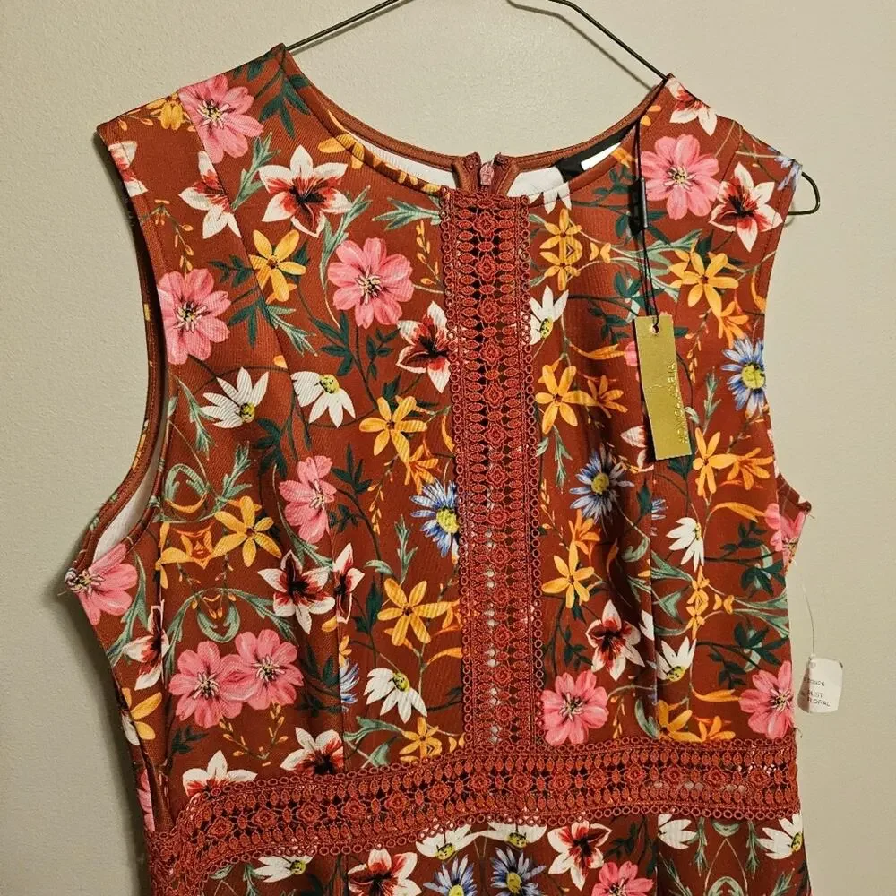 Alexia Admor Justine Lace Trim Flounce Hem Dress Floral Rust Color Large NWT